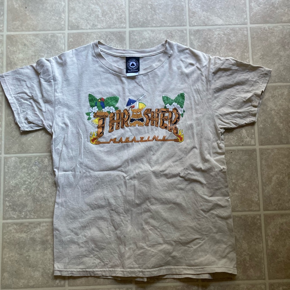 Khaki Tan Thrasher Tiki-Themed Tee - Unique Skateboard Streetwear T-Shirt